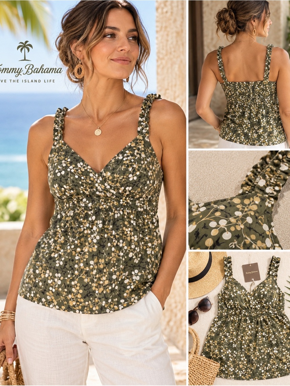 Tommy Bahama NWT Women’s S Cotton Silk Floral Smocked Resort Cami Top